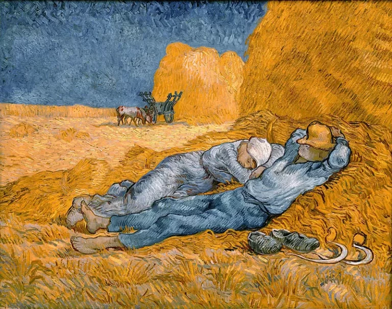 Painting of two people sleeping in field.