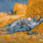 Painting of two people sleeping in field.